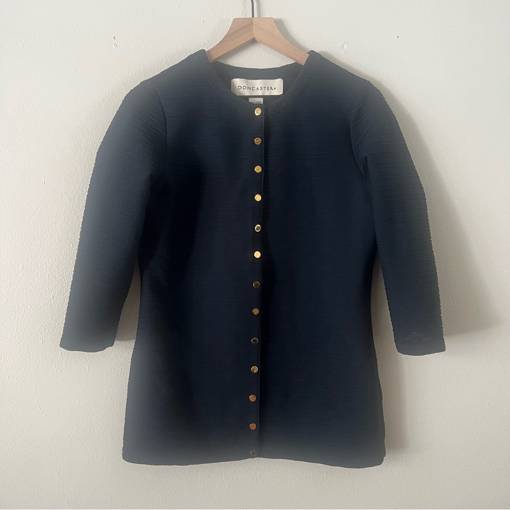 Doncaster  Vintage Navy Blue Collarless Button-Up Jacket, Gold Buttons